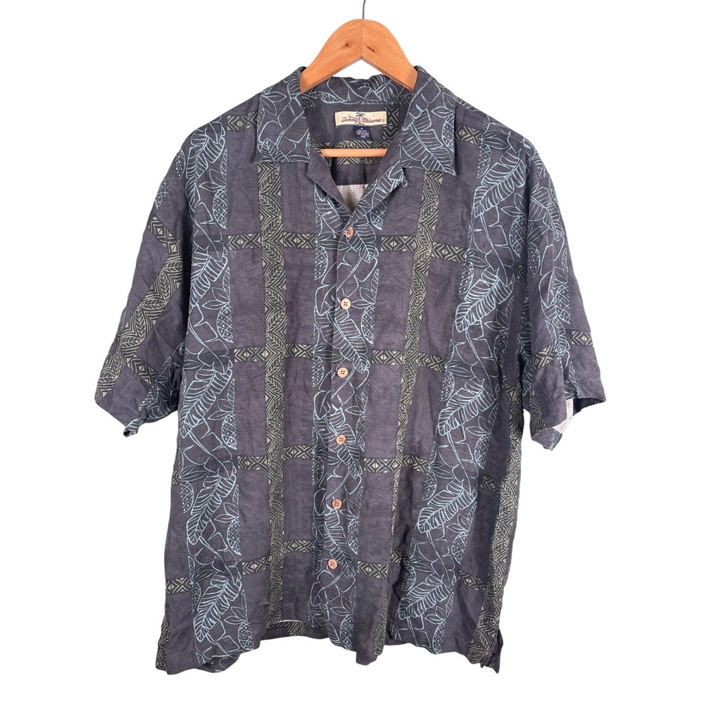 Tommy Bahama Men's Medium Silk Medium Charcoal Tropical Leaf Jacquard Camp Shirt
